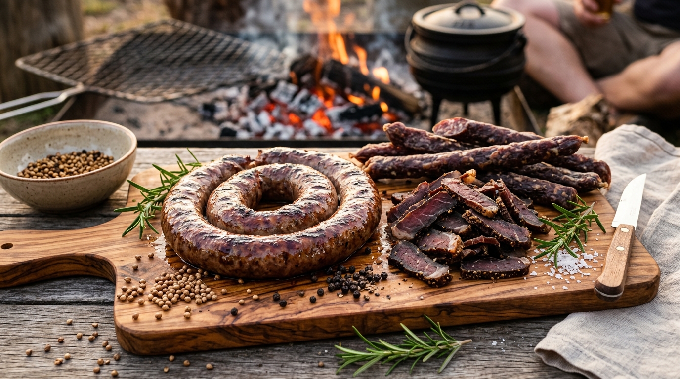Artisanal South African Boerewors, Sliced Biltong and Droewors on Braai Board