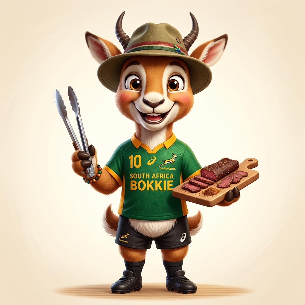 Braai Boet the South African Springbok Mascot with Braai Tongs and Biltong